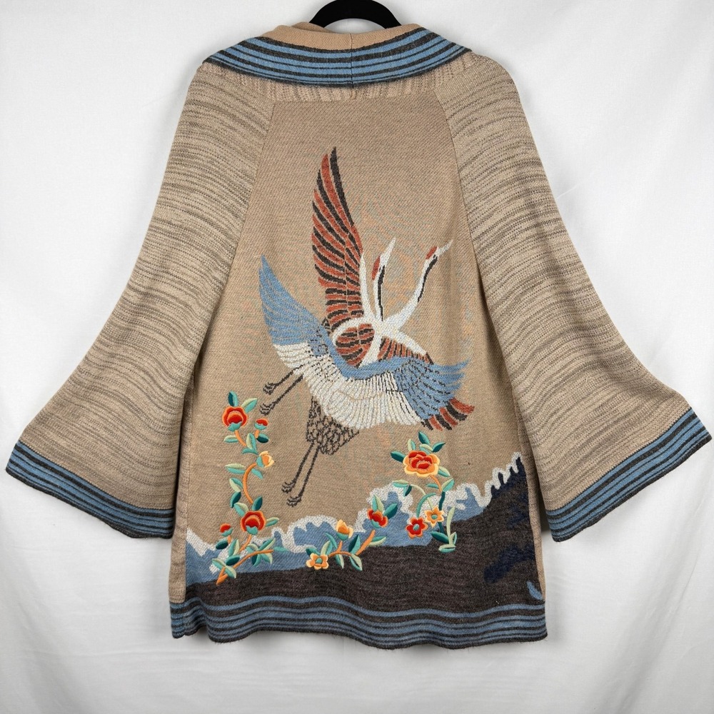 Anthropologie HWR Monogram Crane Embroidered Cardigan Size M Kimono Chinoiserie